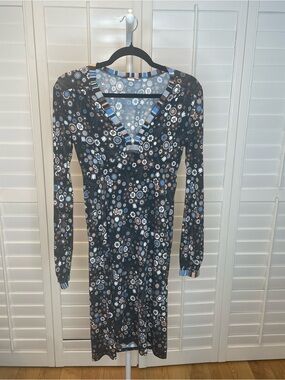Max & Co. Black Floral-Print Long Sleeve Midi Dress with Blue Accents
